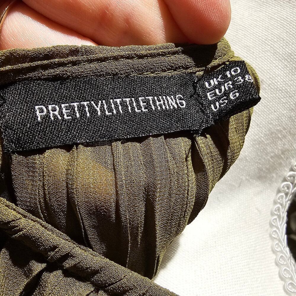 PrettyLittleThing Olive Green Crinkle Crepe Tie Front Top Size 6 Y2K Cottagecore - Picture 5 of 10